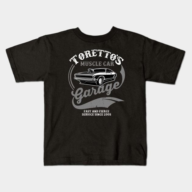 Toretto's Muscle Car Garage Kids T-Shirt by Alema Art